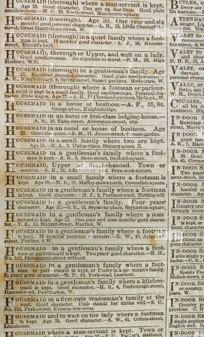 영국 런던의 The Times 신문(1865년 5월 23일 화요일)에 중앙 런던 전역의 하녀에 대한 구인 광고