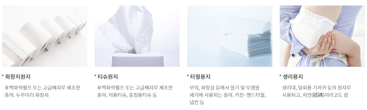 화장지원지

표백화학펄프 또는 고급폐지로 제조한 종이. 두루마리 화장지

티슈원지

표백화학펄프 또는 고급폐지로 제조한 종이. 미용티슈, 증정용티슈 등

타월용지

부엌, 화장실 등에서 물기 및 오염물 제거에 사용되는 종이. 키친·핸드타월, 냅킨 등

생리용지

생리대, 일회용 기저귀 등의 원지로 사용되고, 지면(紙綿)이라고도 함